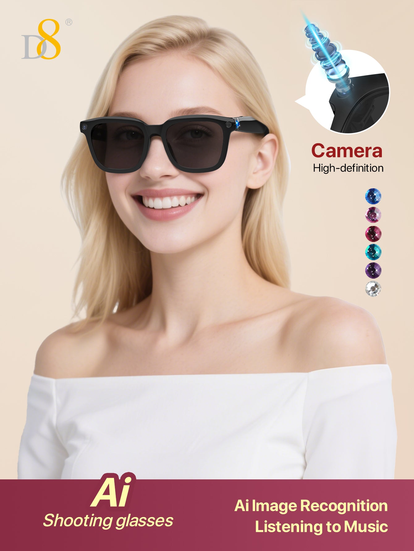 D8 Ai Translation Smart Glasses, Smart Glasses with AI Translation,Support 110+ Languages, Speaker Sunglasses,Audio Eyewear with Music play &Hands-Free Calling,Multifunctional Headphones glasses for Men WomenBuilt-in Mic & Speakers,Smart Wireless