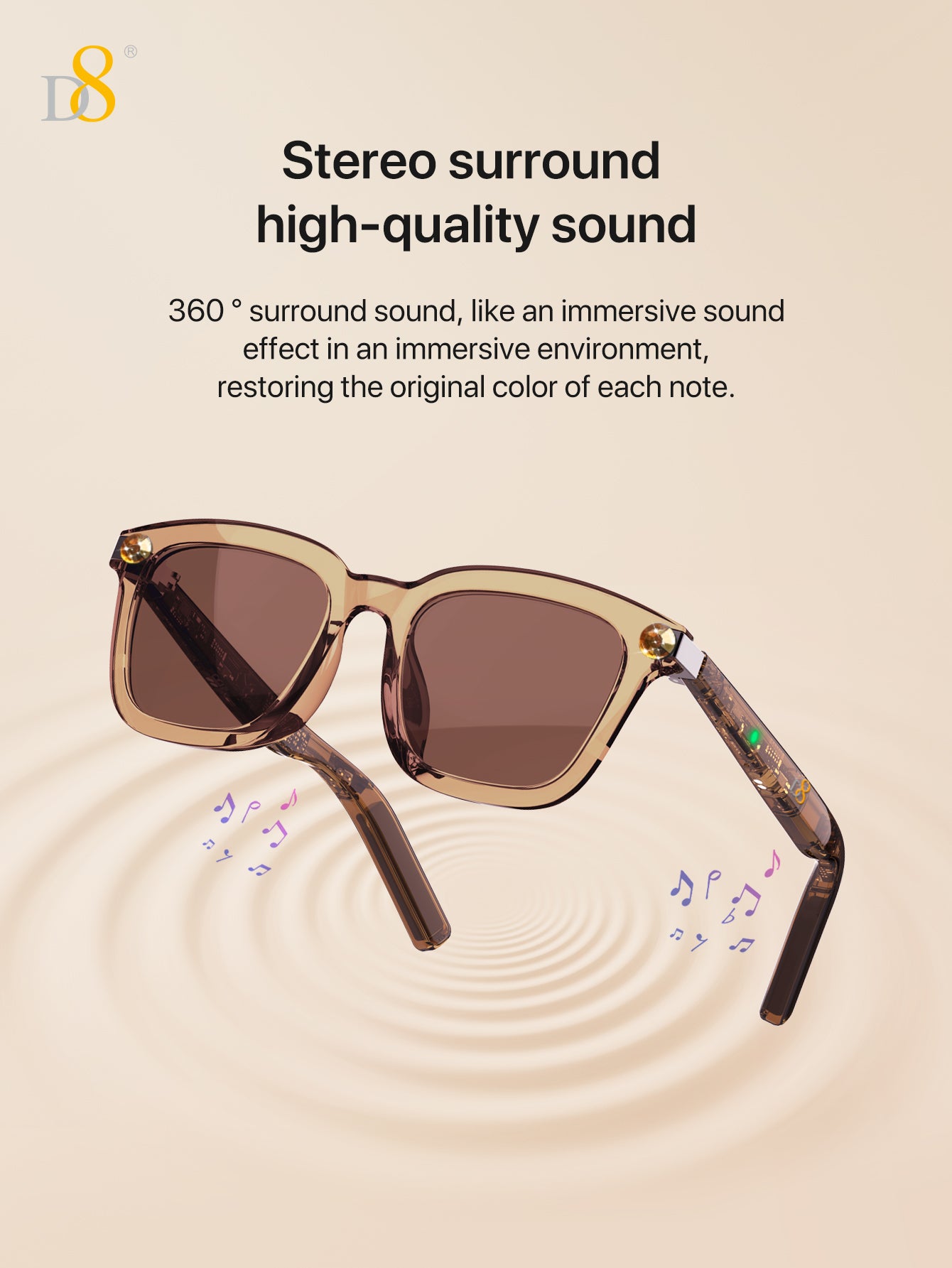 D8 Smart Bluetooth Glasses,Anti-Blue Light/UV400 Lenses,Audio Eyewear with Music play &Hands-Free Calling,Multifunctional Headphones glasses for Men WomenBuilt-in Mic & Speakers,Smart Wireless Headphone Sunglasses for Men and Women,Athletic/Outdoor UV