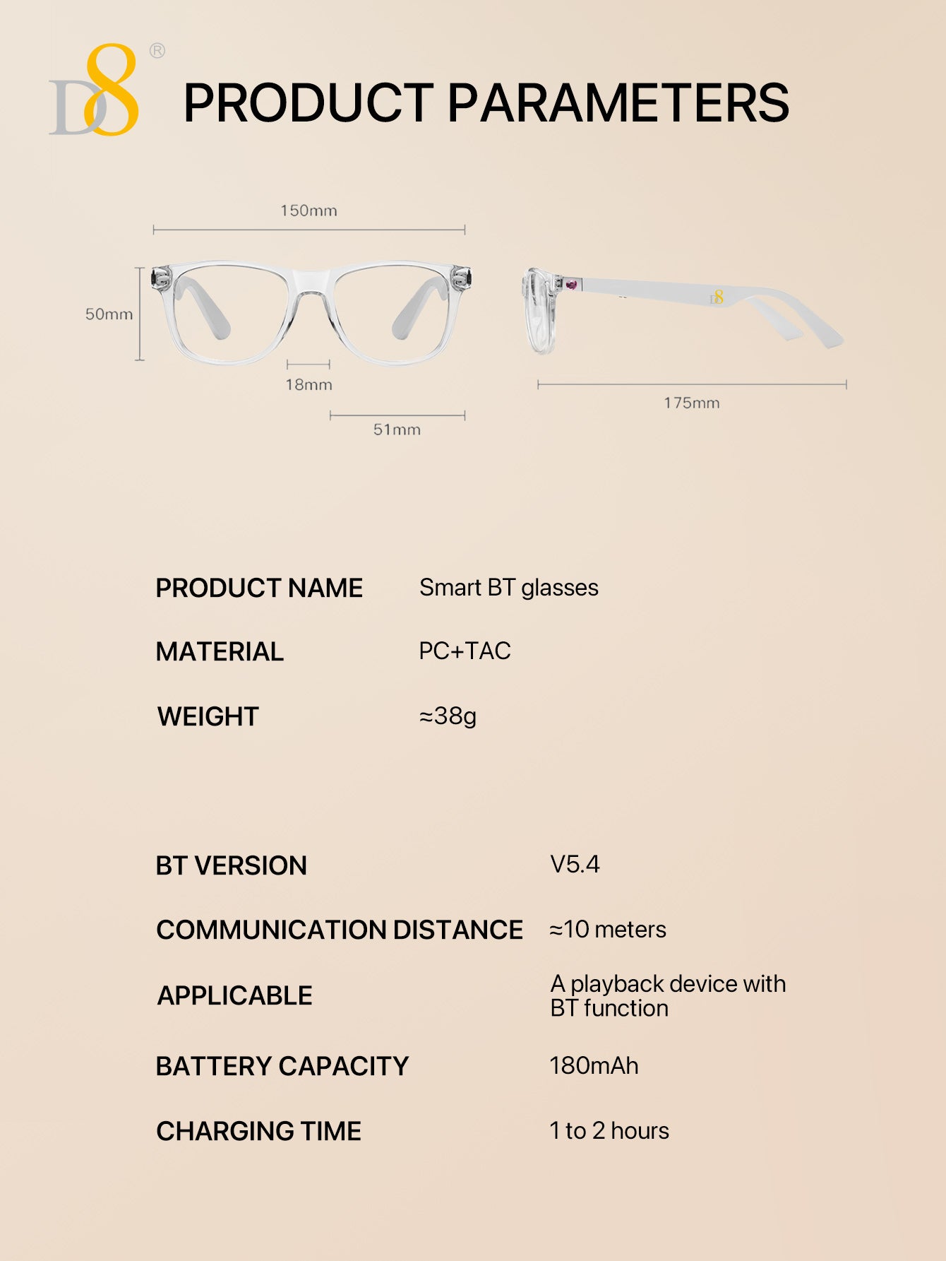 D8 Smart Bluetooth Glasses for Women, Blue Light Filtering Photochromic Transition Lenses, Touch Control and Voice Control, Professional-Grade Eye Protection, Ultra-Light Wireless Eyewear for Office/Reading