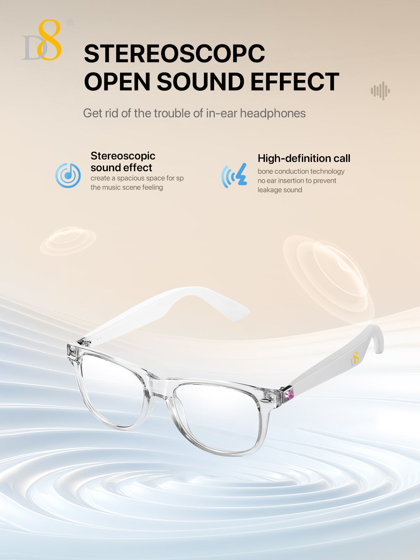D8 Smart Bluetooth Glasses for Women, Blue Light Filtering Photochromic Transition Lenses, Touch Control and Voice Control, Professional-Grade Eye Protection, Ultra-Light Wireless Eyewear for Office/Reading