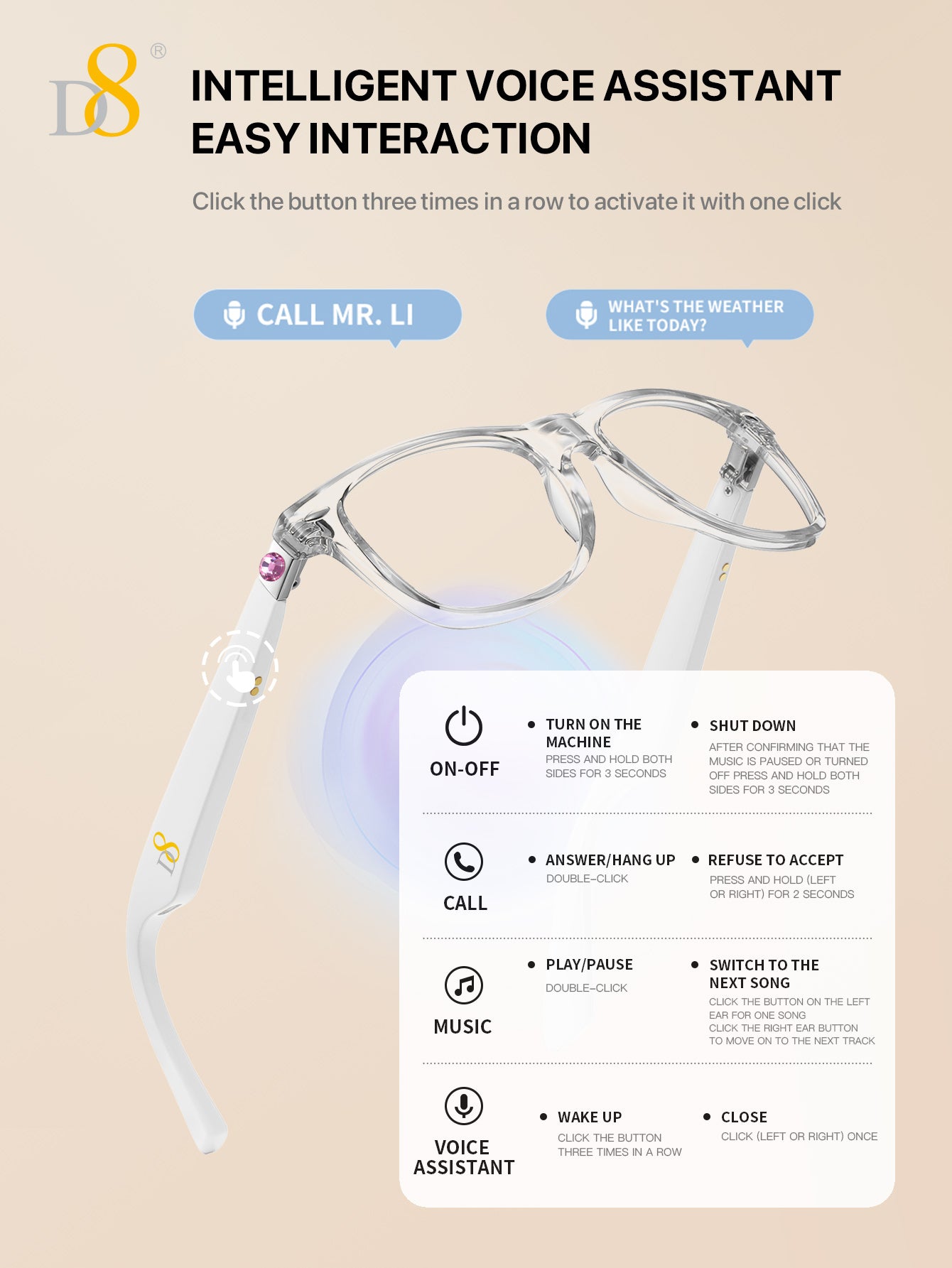 D8 Smart Bluetooth Glasses for Women, Blue Light Filtering Photochromic Transition Lenses, Touch Control and Voice Control, Professional-Grade Eye Protection, Ultra-Light Wireless Eyewear for Office/Reading