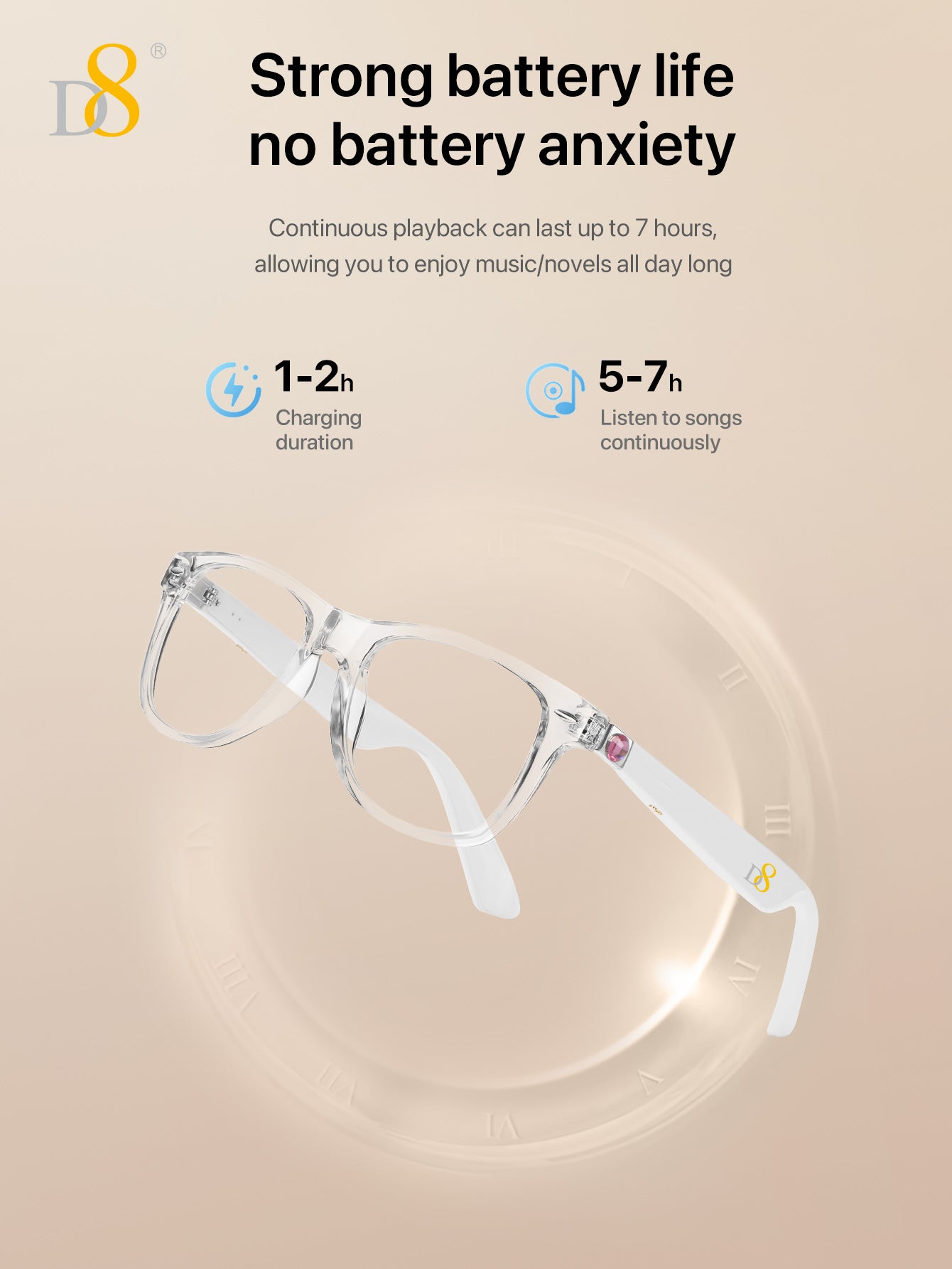 D8 Smart Bluetooth Glasses for Women, Blue Light Filtering Photochromic Transition Lenses, Touch Control and Voice Control, Professional-Grade Eye Protection, Ultra-Light Wireless Eyewear for Office/Reading