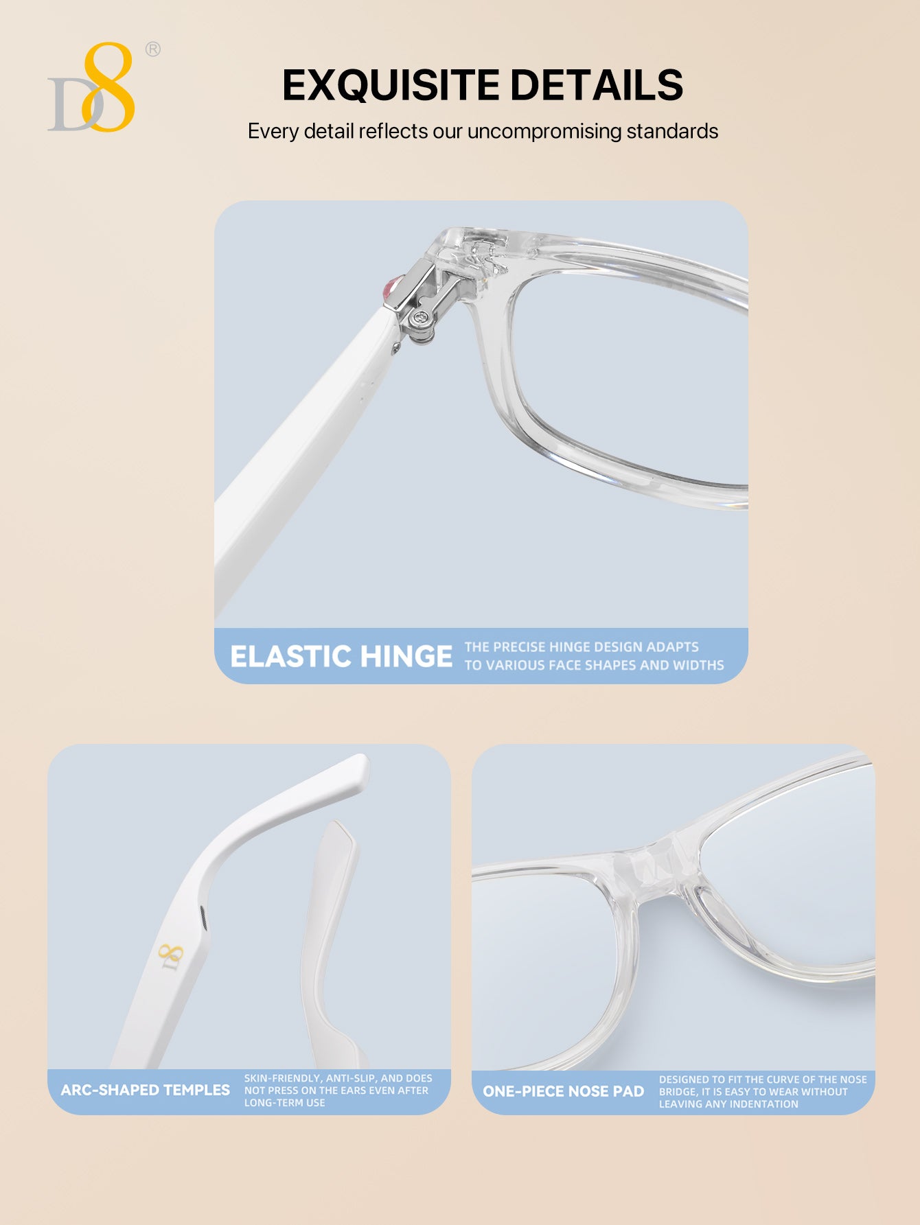 D8 Smart Bluetooth Glasses for Women, Blue Light Filtering Photochromic Transition Lenses, Touch Control and Voice Control, Professional-Grade Eye Protection, Ultra-Light Wireless Eyewear for Office/Reading
