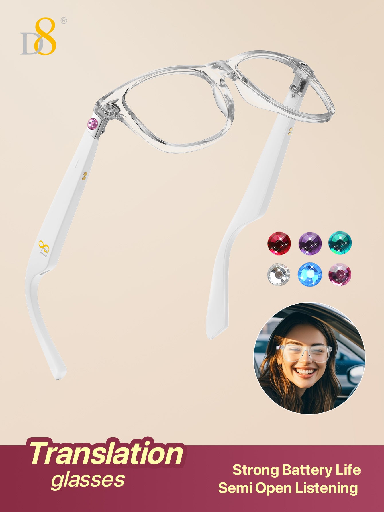 D8 Smart Bluetooth Glasses for Women, Blue Light Filtering Photochromic Transition Lenses, Touch Control and Voice Control, Professional-Grade Eye Protection, Ultra-Light Wireless Eyewear for Office/Reading