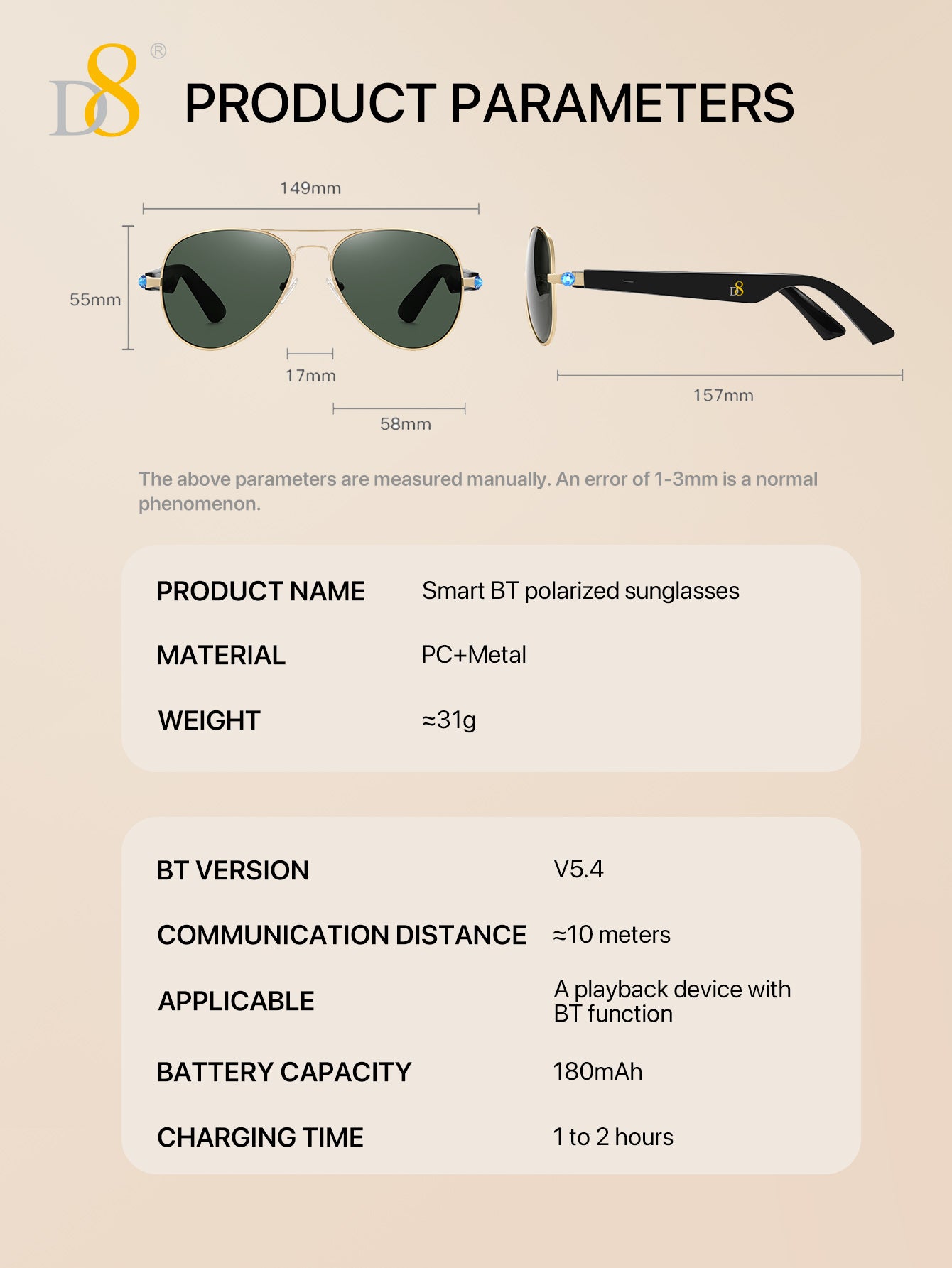 D8 Smart Bluetooth Glasses,Built-in Mic & Speakers,Smart Wireless Headphone Sunglasses for Men and Women,Athletic/Outdoor UV Protection and Voice Control,Unisex(Black)