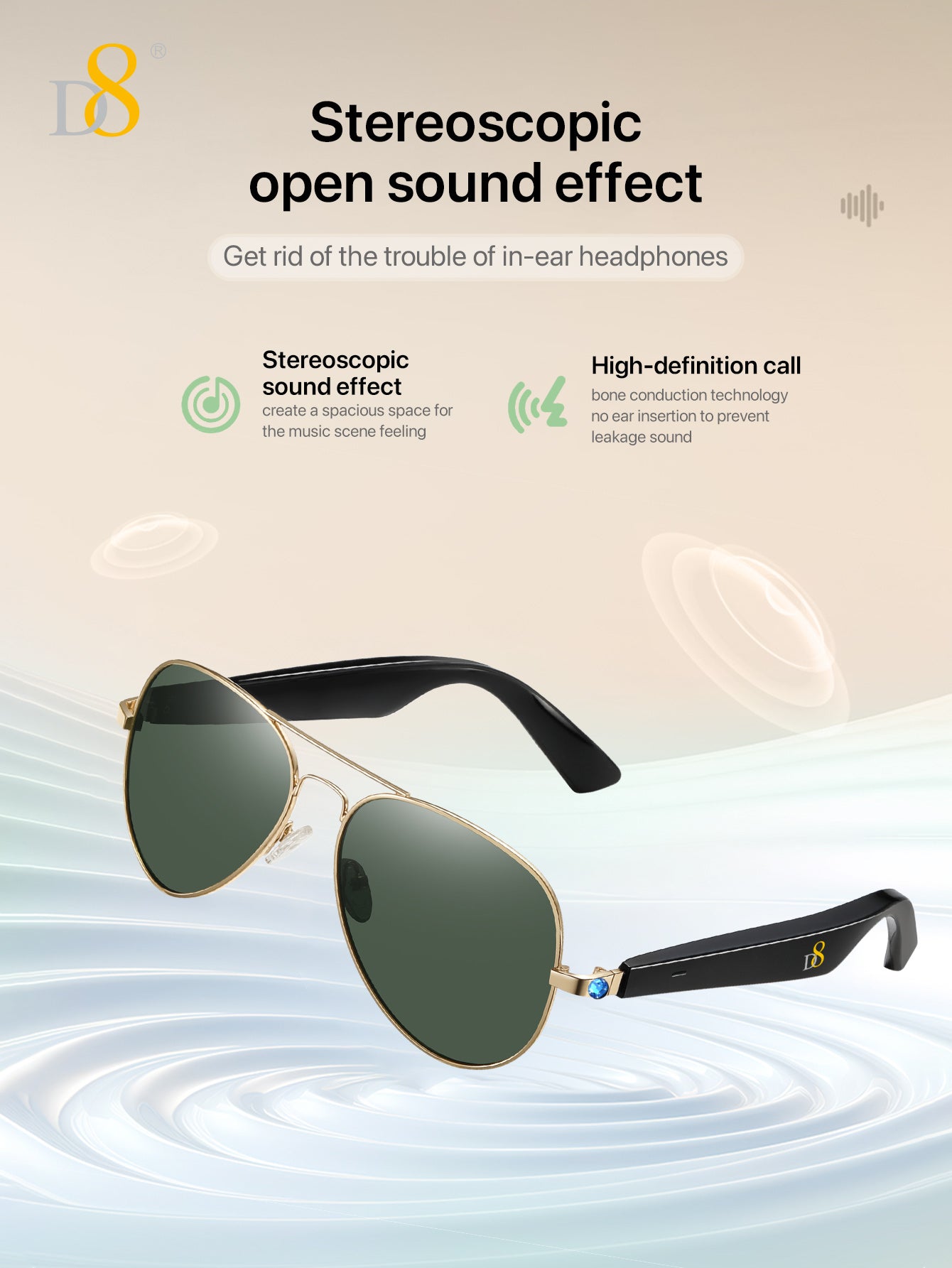 D8 Smart Bluetooth Glasses,Built-in Mic & Speakers,Smart Wireless Headphone Sunglasses for Men and Women,Athletic/Outdoor UV Protection and Voice Control,Unisex(Black)