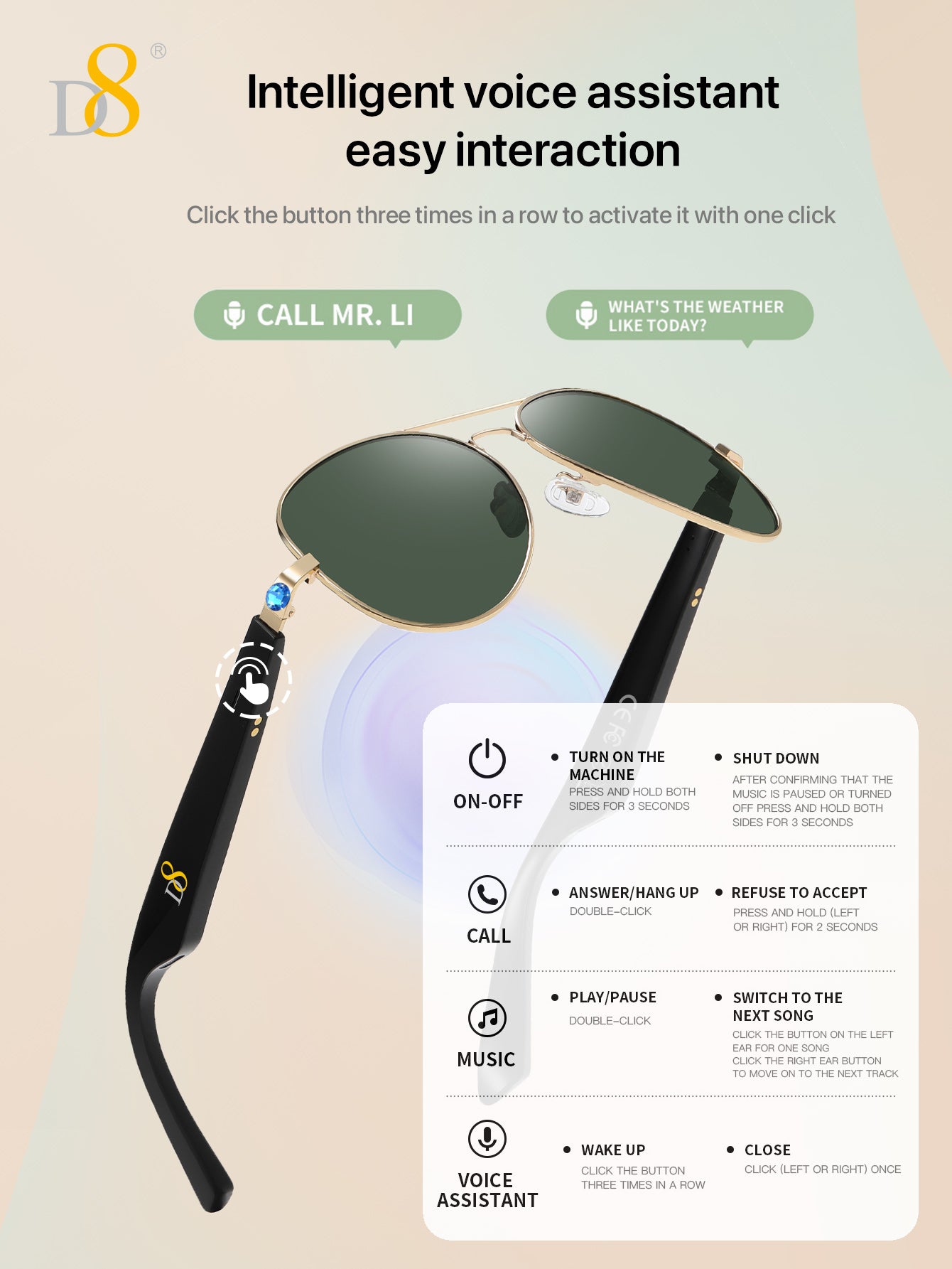 D8 Smart Bluetooth Glasses,Built-in Mic & Speakers,Smart Wireless Headphone Sunglasses for Men and Women,Athletic/Outdoor UV Protection and Voice Control,Unisex(Black)