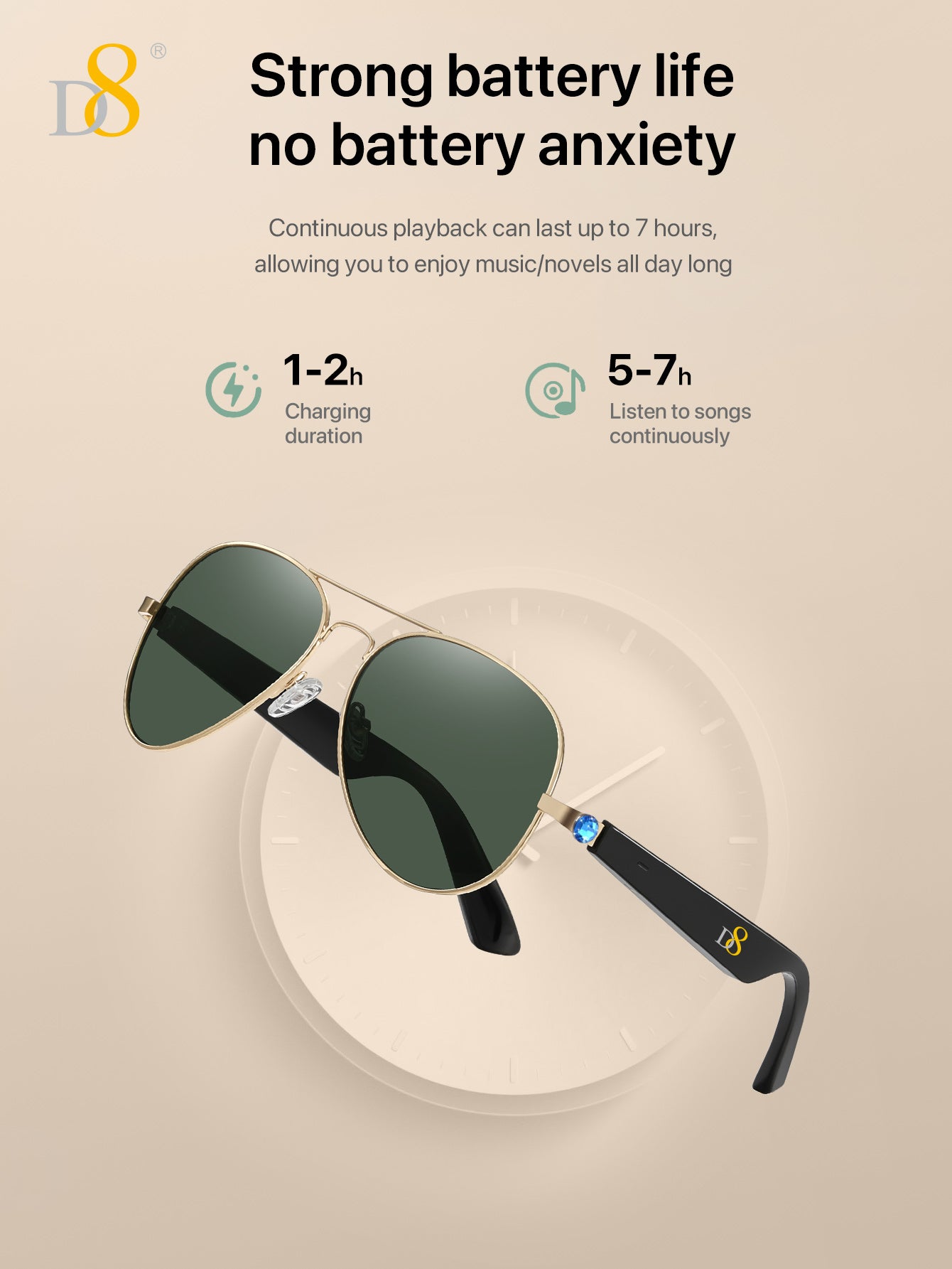 D8 Smart Bluetooth Glasses,Built-in Mic & Speakers,Smart Wireless Headphone Sunglasses for Men and Women,Athletic/Outdoor UV Protection and Voice Control,Unisex(Black)