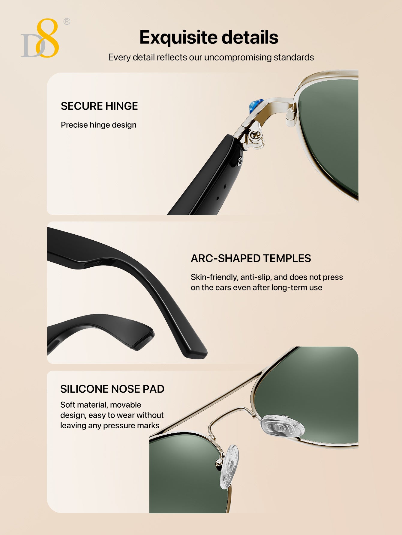 D8 Smart Bluetooth Glasses,Built-in Mic & Speakers,Smart Wireless Headphone Sunglasses for Men and Women,Athletic/Outdoor UV Protection and Voice Control,Unisex(Black)