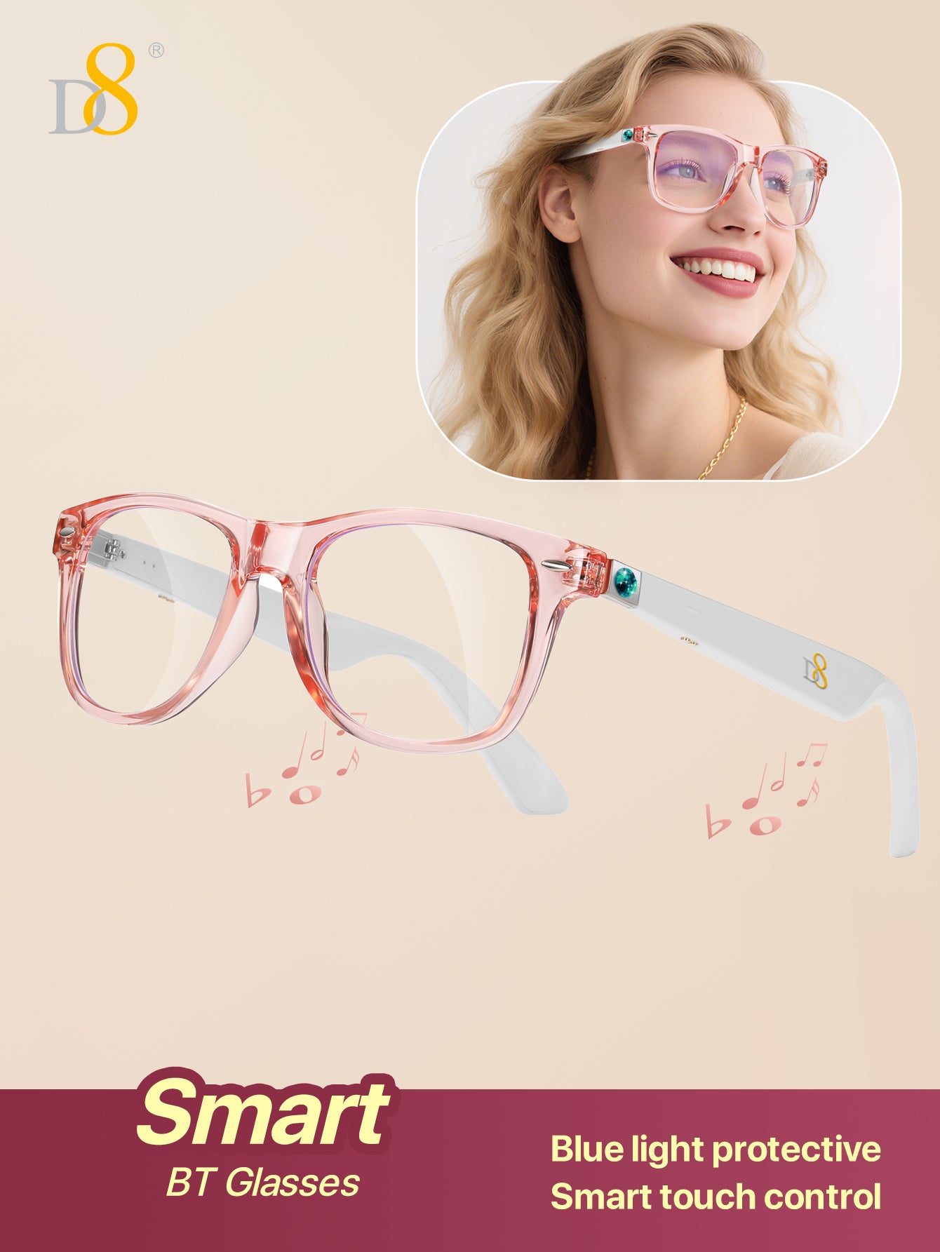 D8 Smart Bluetooth Glasses for Women, Blue Light Filtering Photochromic Transition Lenses, Touch Control and Voice Control, Professional-Grade Eye Protection, Ultra-Light Wireless Eyewear for Office/Reading