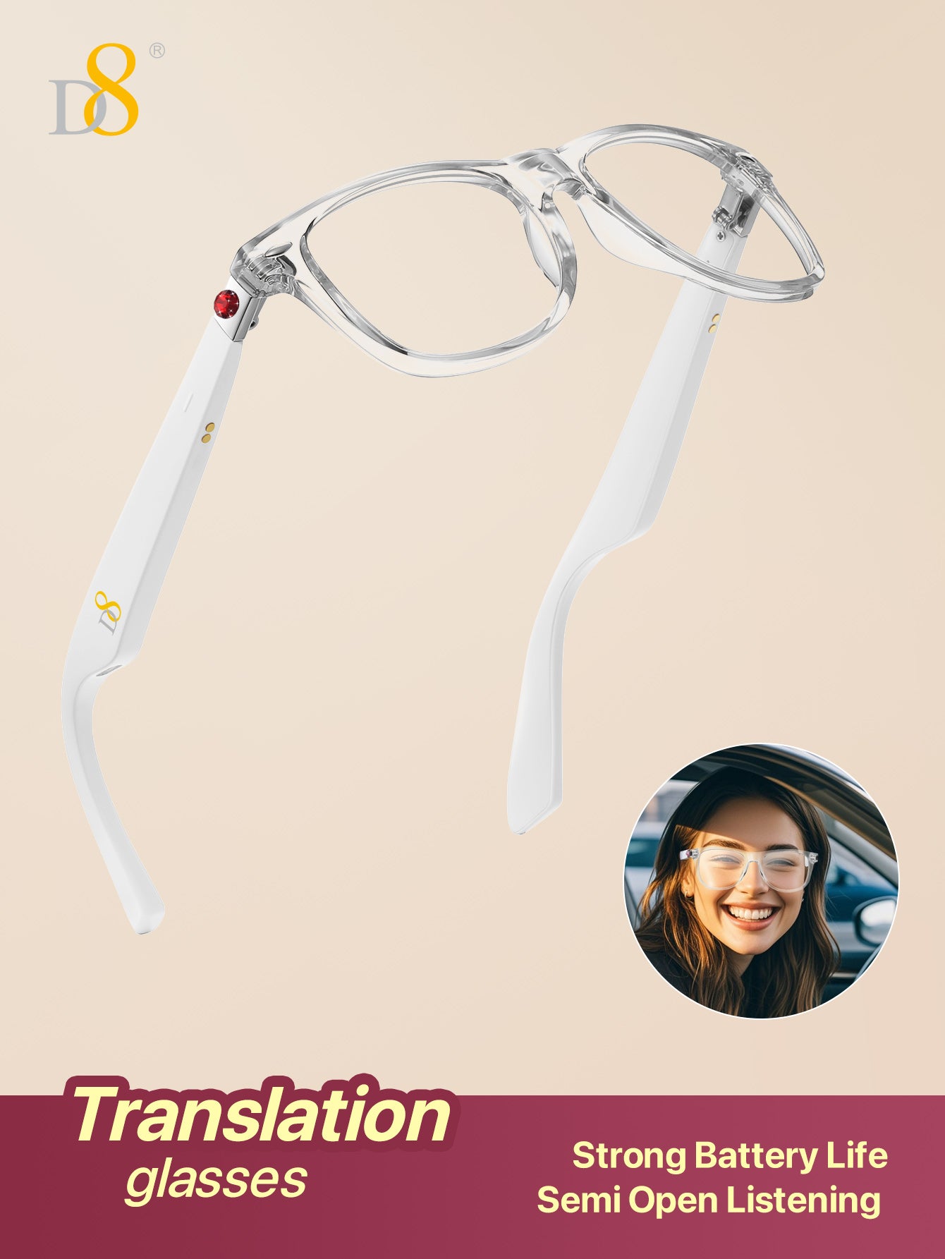 D8 Smart Bluetooth Glasses for Women, Blue Light Filtering Photochromic Transition Lenses, Touch Control and Voice Control, Professional-Grade Eye Protection, Ultra-Light Wireless Eyewear for Office/Reading