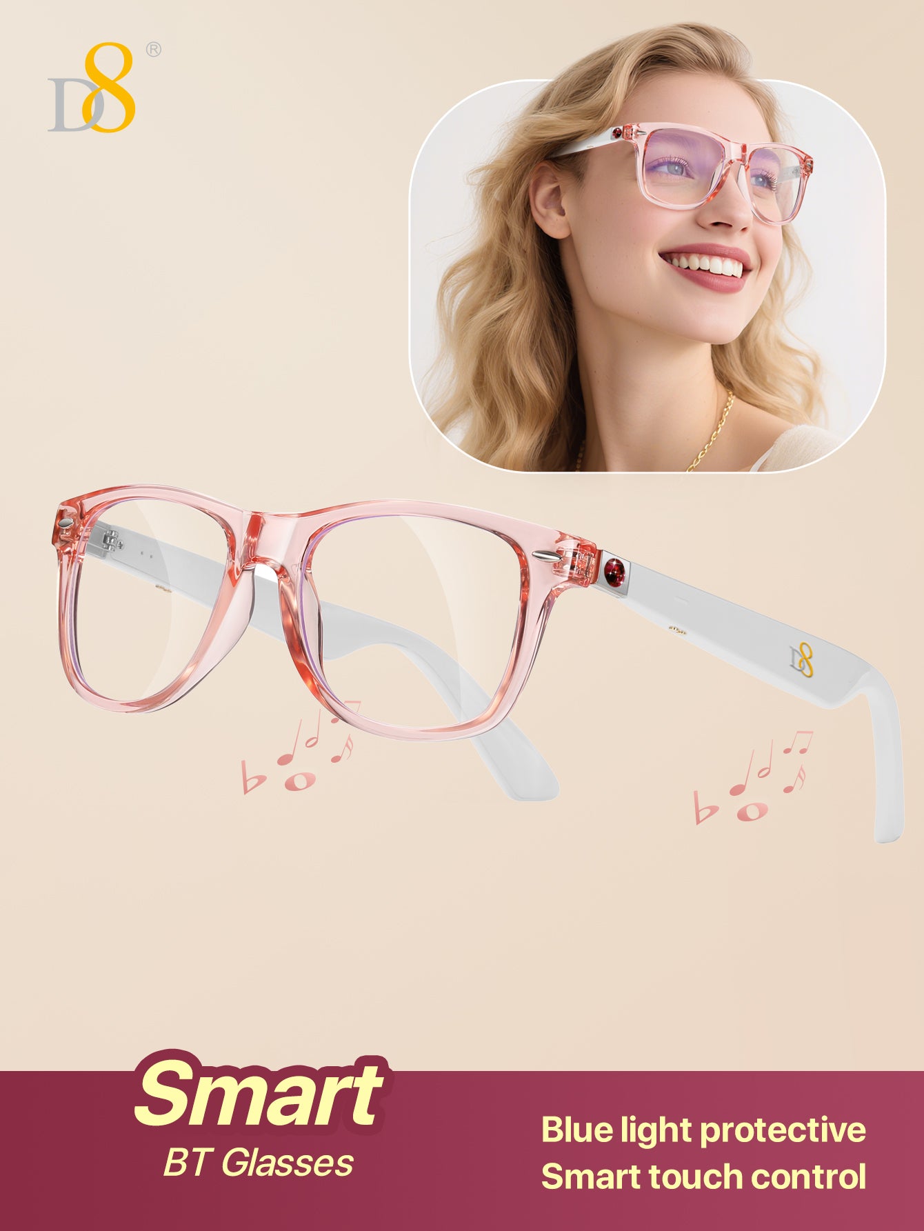 D8 Smart Bluetooth Glasses for Women, Blue Light Filtering Photochromic Transition Lenses, Touch Control and Voice Control, Professional-Grade Eye Protection, Ultra-Light Wireless Eyewear for Office/Reading