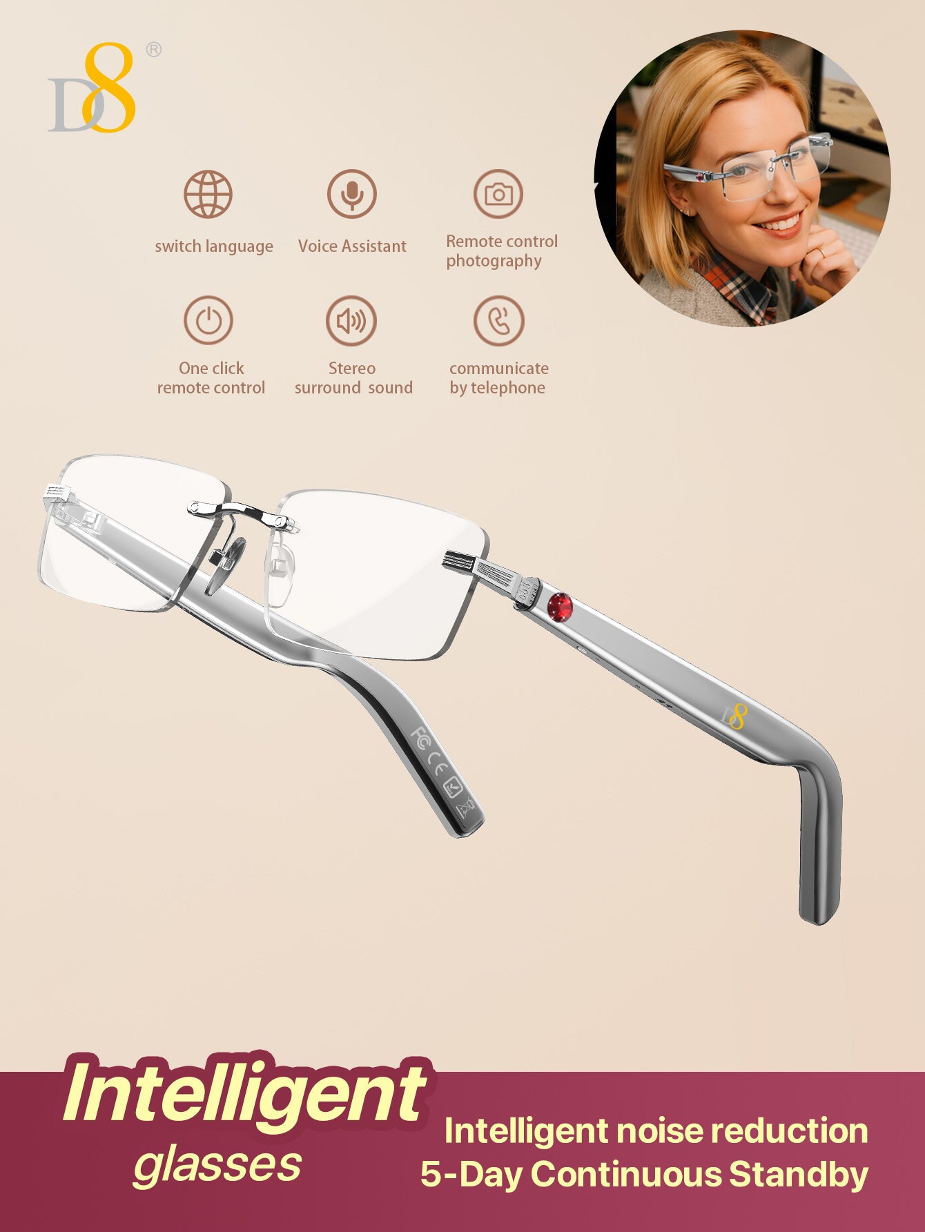 D8 Smart Bluetooth Glasses for Women, Blue Light Filtering Photochromic Transition Lenses, Touch Control and Voice Control, Professional-Grade Eye Protection, Ultra-Light Wireless Eyewear for Office/Reading