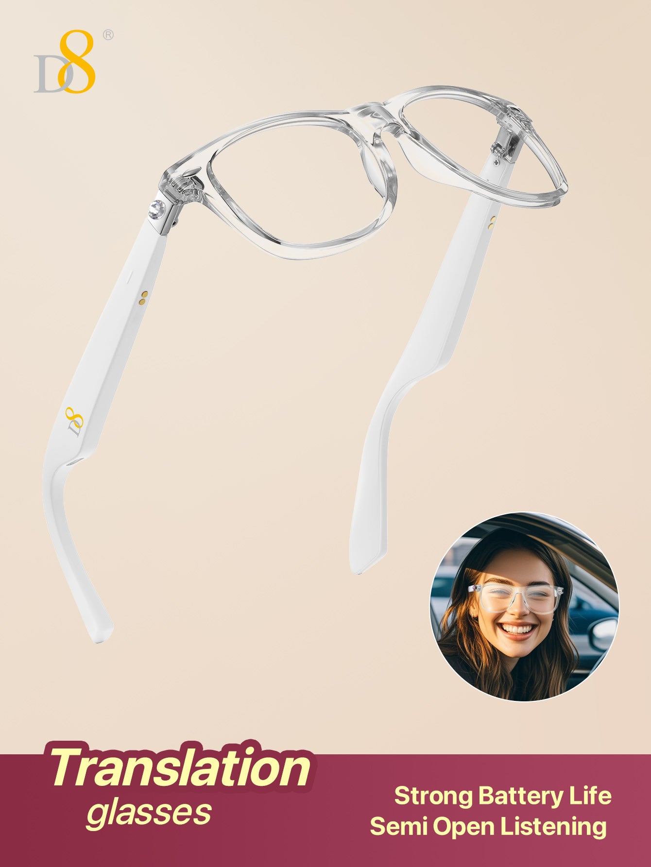 D8 Smart Bluetooth Glasses for Women, Blue Light Filtering Photochromic Transition Lenses, Touch Control and Voice Control, Professional-Grade Eye Protection, Ultra-Light Wireless Eyewear for Office/Reading