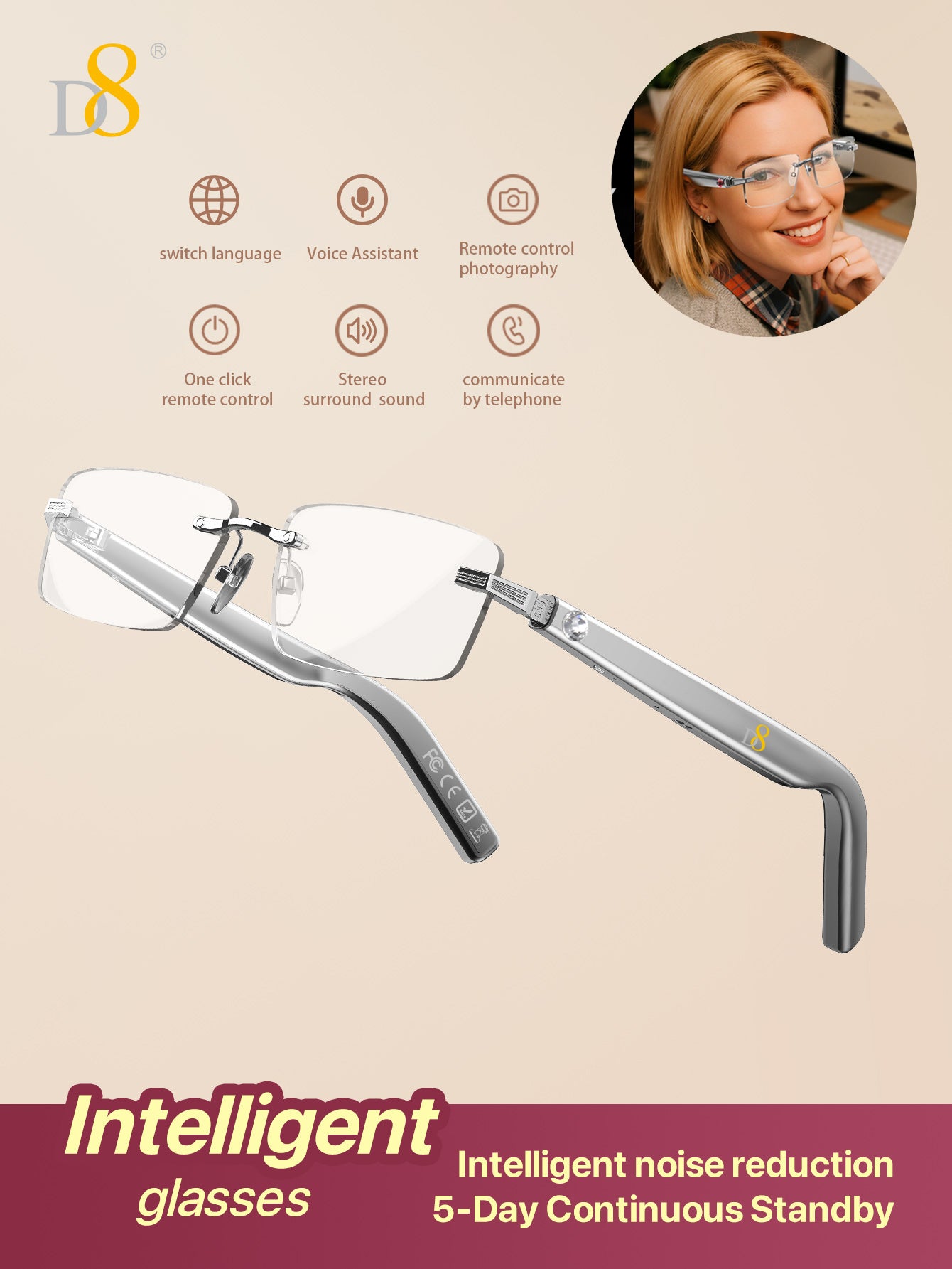 D8 Smart Bluetooth Glasses for Women, Blue Light Filtering Photochromic Transition Lenses, Touch Control and Voice Control, Professional-Grade Eye Protection, Ultra-Light Wireless Eyewear for Office/Reading