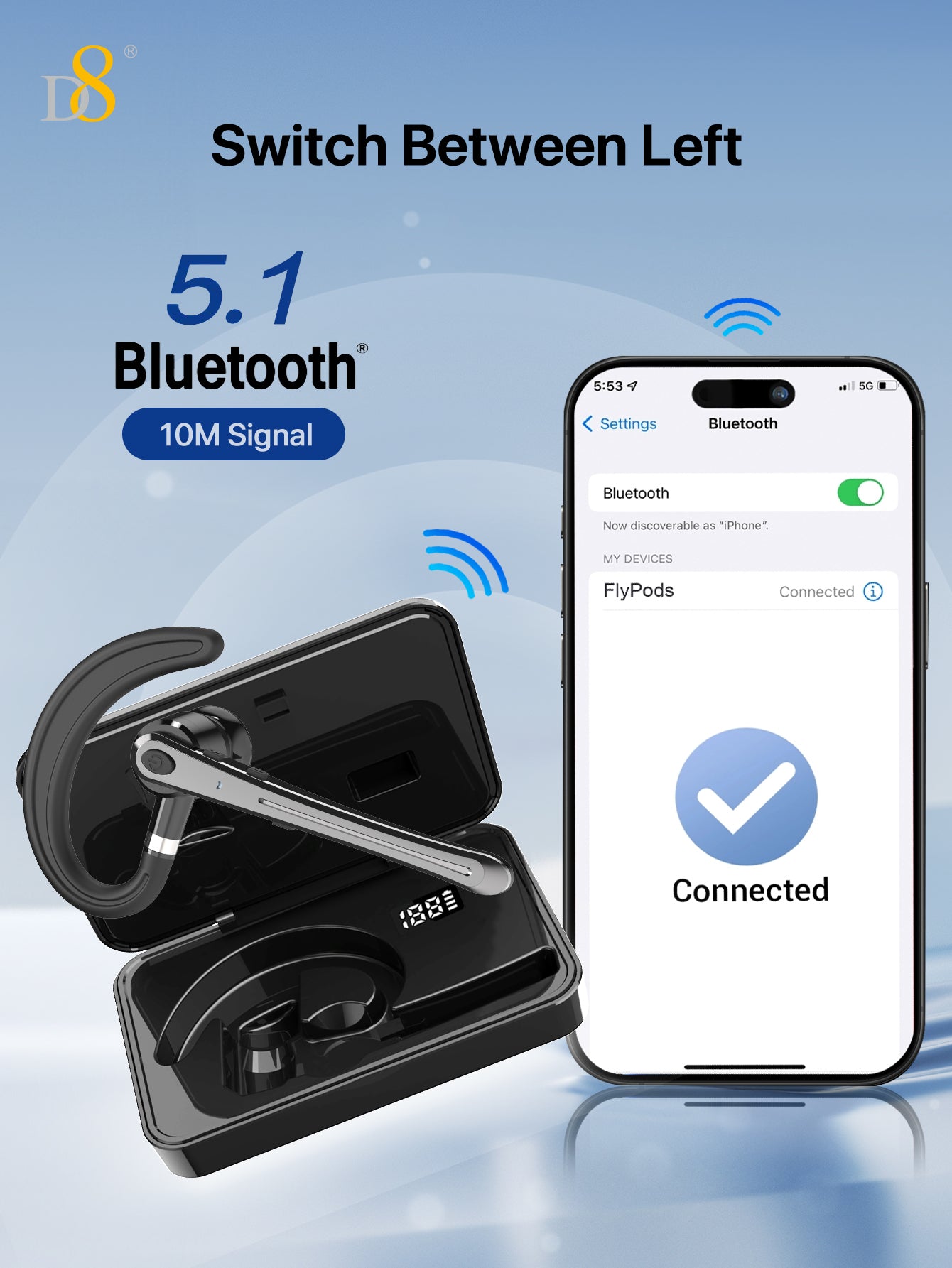 D8 Wireless Earbuds with LED Display – 300H Battery, Over-Ear Hooks, Workout Ready