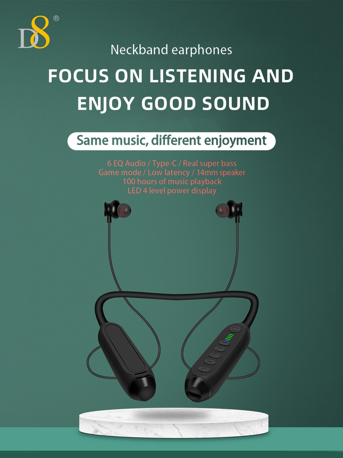 D8 Neckband Wireless Headphones 100H Bluetooth Waterproof Mic