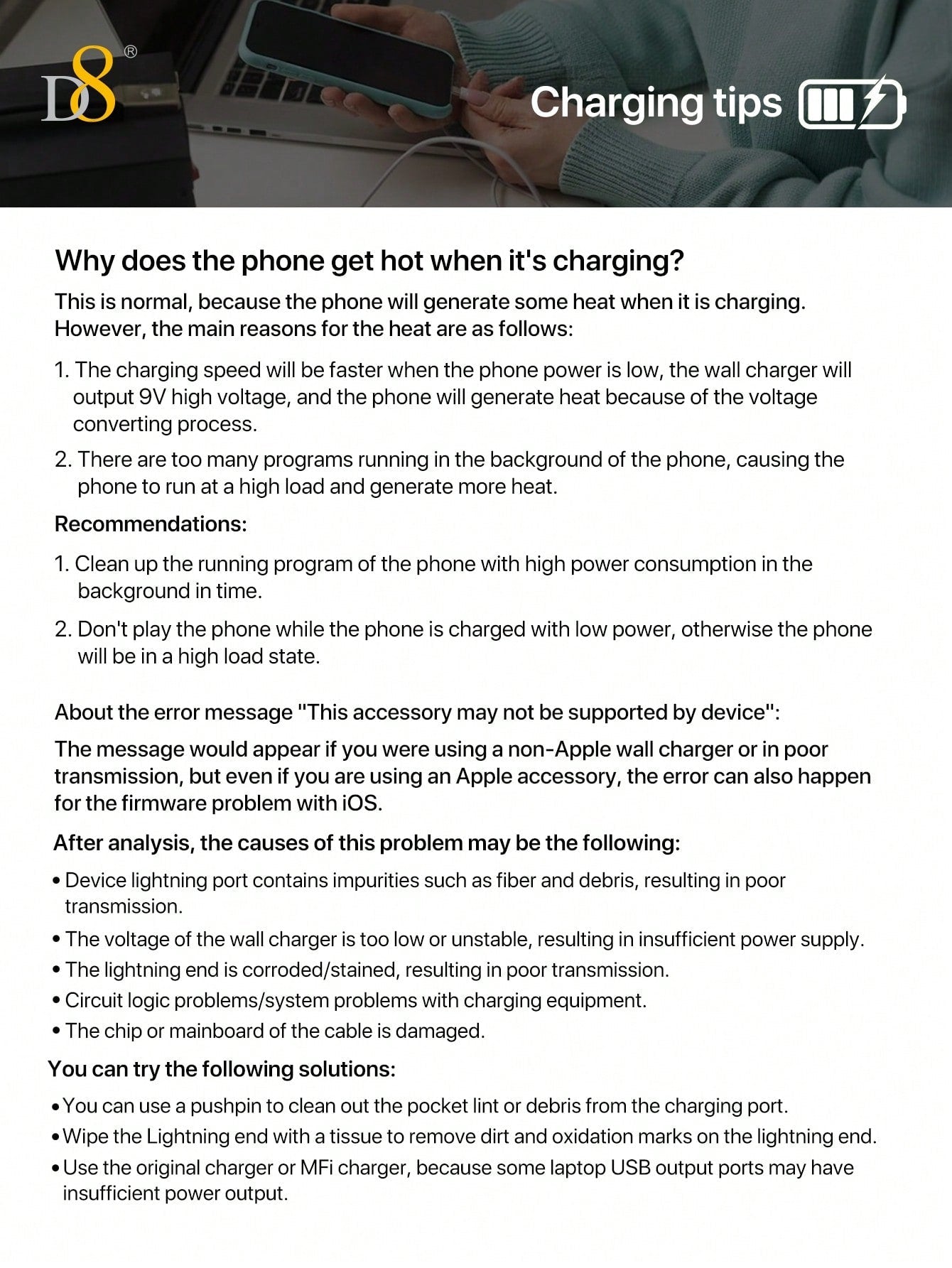 Lifestyle image of Dynamic8 premium USB-A to Lightning cable charging iPhone