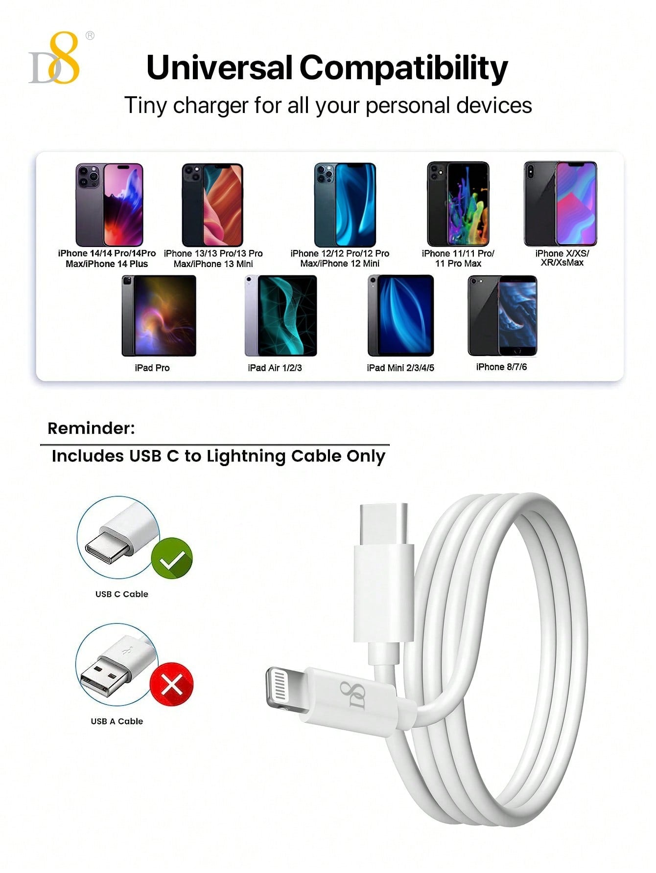 Lifestyle image of Dynamic8 premium USB-C to Lightning cable, 1M PD fast charging