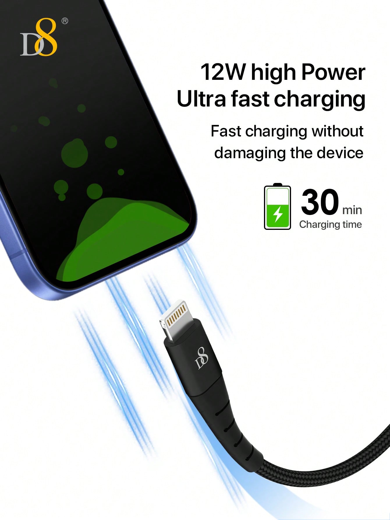 Compact and travel-friendly Dynamic8 nylon USB-A to Lightning cable, 3.3ft MFi certified