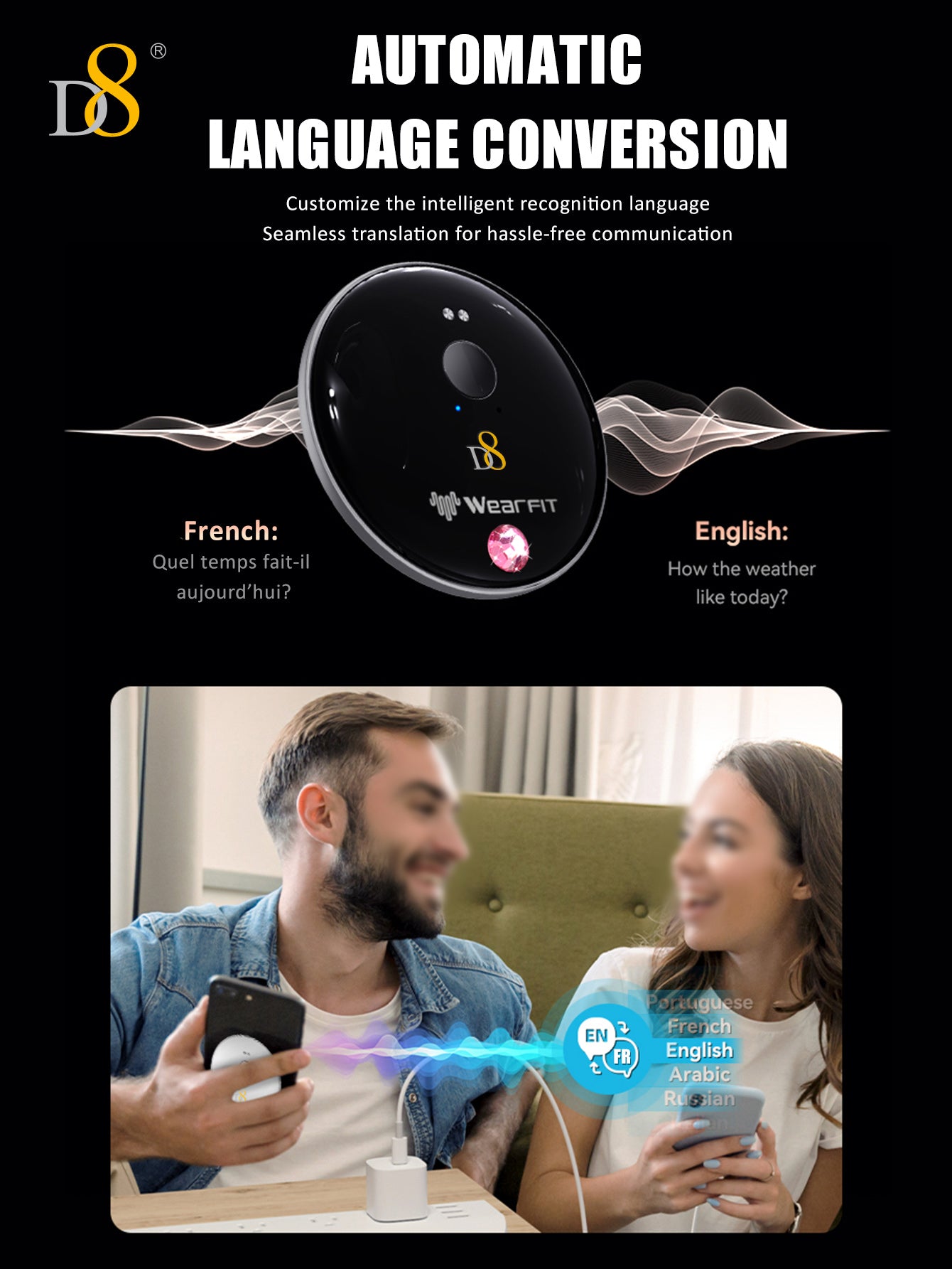 D8 AI Translator Recorder – 50+ Languages, No Fees, App-Controlled for Travel & Business