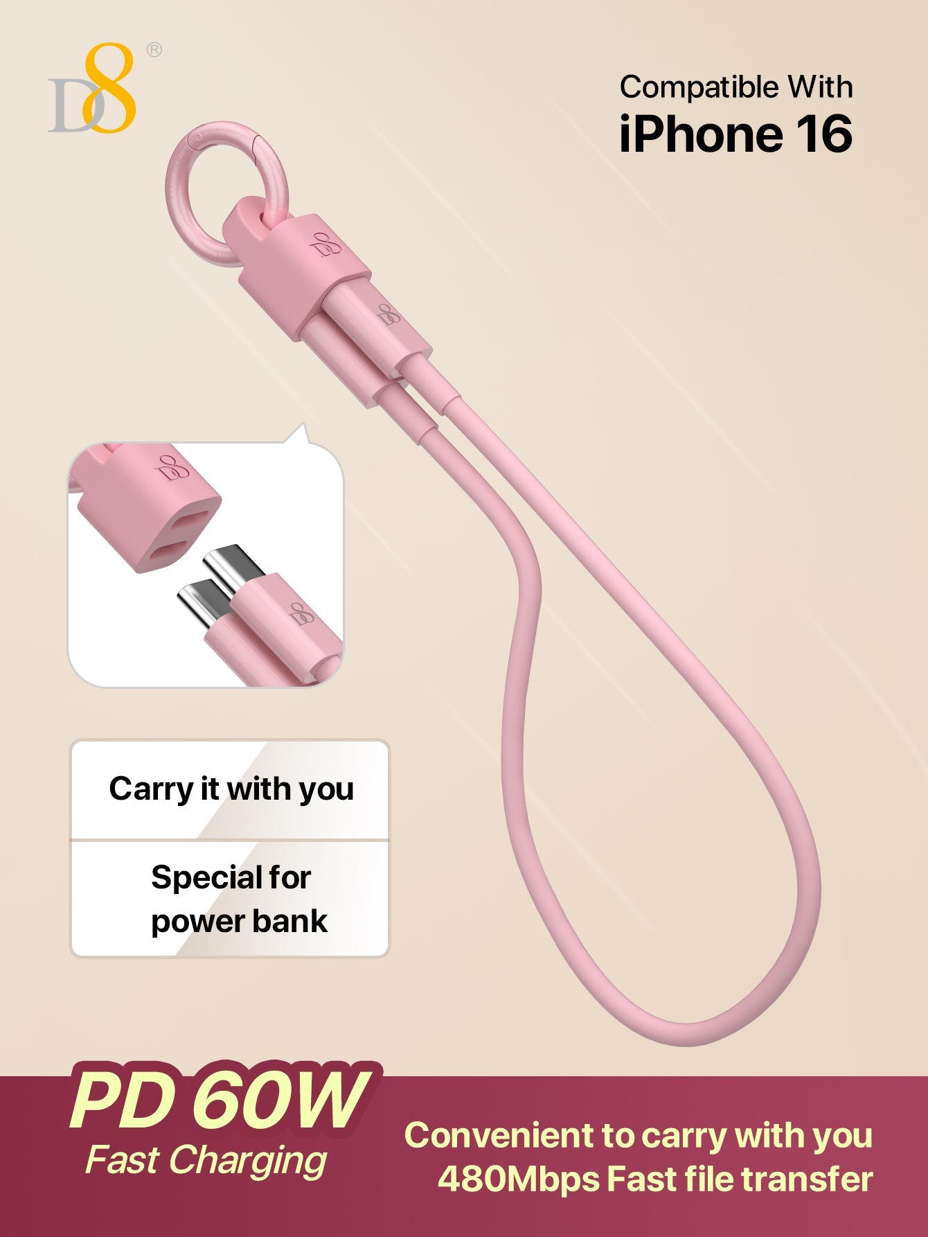 D8 USB-C Keychain Cable, 0.83FT 60W Fast Charge, Compact for iPhone/Galaxy