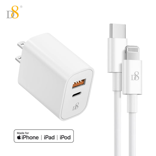 D8 TPE Type-C to Lghtning mfi Cable and 20W dual port fast charging wall charger set