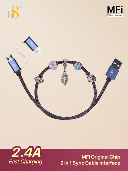 D8 DIY Handmade Beaded Fashion MFi Certified Authorized Data Cable, Apple MFi Certified 2 In 1 IPhone Charger Lightning Cable And Micro USB To USB Charger Cord, Compatible With IPhone 14 Pro/13 Mini/13/12/11 Pro MAX/XR/XS/8/7/Plus/6S/SE/IPad, Android Data