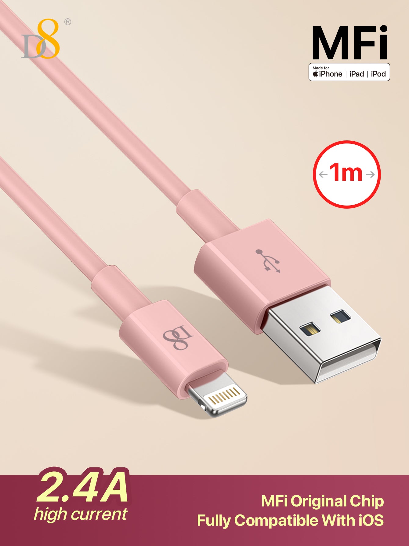 D8 IPhone Charger Cable, (Selectable 0.25M/1M/1.5M/2M) TPE USB A To Lightning] MFi Certified Charger Cable , USB 2.0 Lightning Charger Cable, 2.4A Fast Charging Compatible With  IPhone 14 Pro/13 Mini/13/12/11 Pro MAX/XR/XS/8/7/Plus/6S/SE/IPad