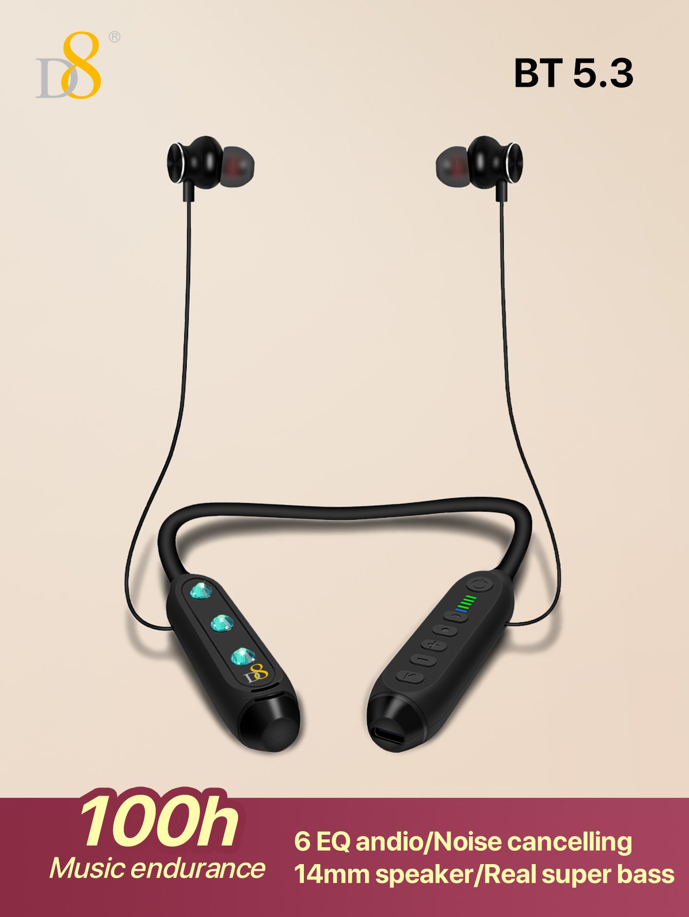 D8 Neckband Wireless Headphones – 100H Playback, Waterproof, Mic, Workout Ready