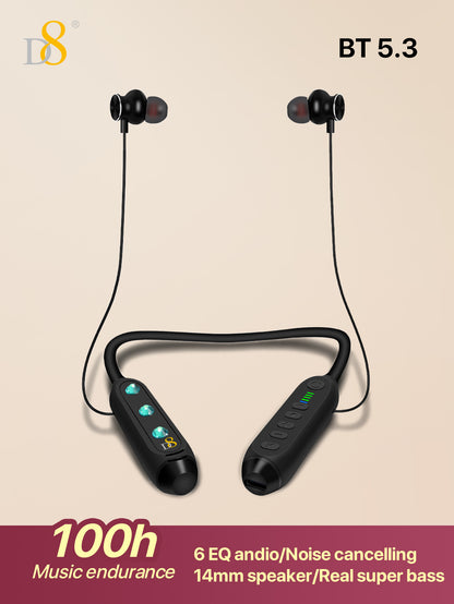 D8 Neckband Wireless Headphones – 100H Playback, Waterproof, Mic, Workout Ready