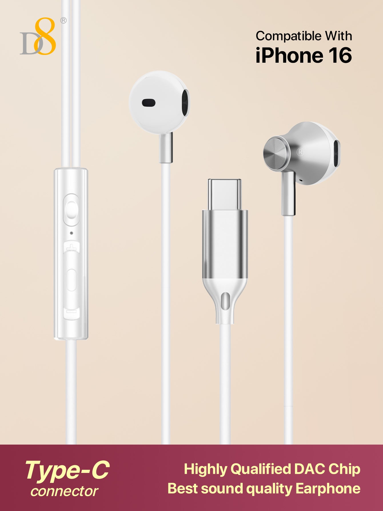 D8 Type C Headphones In Ear Earphones Earbuds With Mic And Volume Control ,Compatible Compatible With Iphone16 / IPhone16 Pro / IPhone 16 Pro Max /IPhone15/15Puls/15Pro/15Pro Max/IPad Air 4/5/IPad Pro 12.9/11,IPad Pro /IPad Air/ IPad Mini/Galaxy S23 S22 S