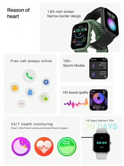 D8 Smart Watch For Women, Fitness Tracker With  Waterproof, 100+ Running, Sports Pedometer, Sleep Cycles,   1.83'' Touch Screen Smartwatch Fitness Watch For Android-IPhone IOS, Daily Workout Memory, Notifications, Music Player,Sleep Monitor, Activity Trac