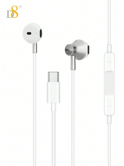 D8 1pc Type C Headphones In Ear Earphones Earbuds With Mic And Volume Control, Compatible With IPhone16 / IPhone16 Pro / IPhone 16 Pro Max/15 /15Puls/15Pro/15Pro Max/IPad Air 4/5/IPad Pro 12.9/11, IPad Pro /IPad Air/ IPad Mini/ Galaxy S23 S22 S21 Ultra S2