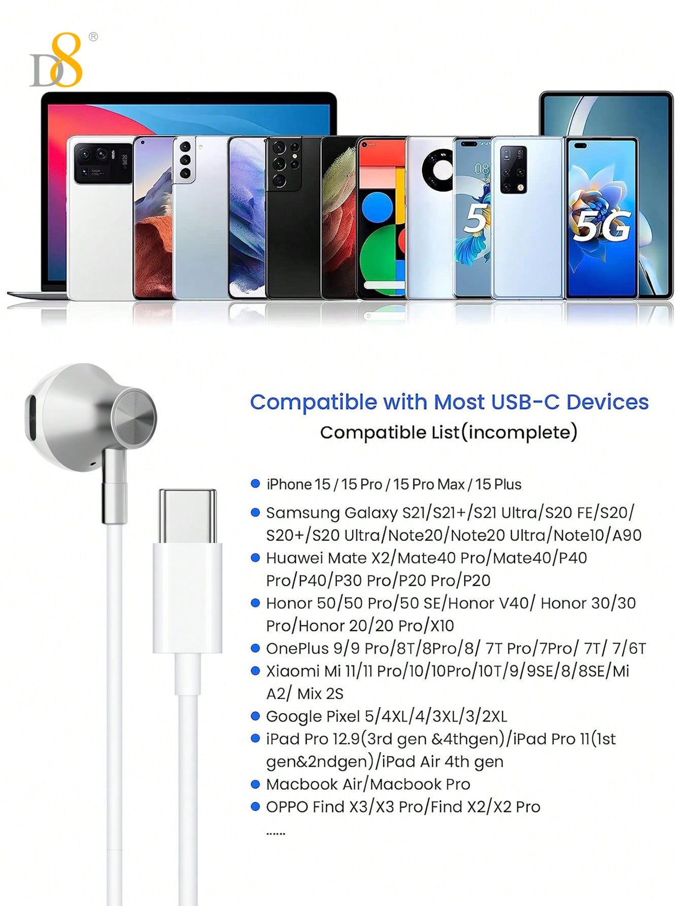 D8 1pc Type C Headphones In Ear Earphones Earbuds With Mic And Volume Control, Compatible With IPhone16 / IPhone16 Pro / IPhone 16 Pro Max/15 /15Puls/15Pro/15Pro Max/IPad Air 4/5/IPad Pro 12.9/11, IPad Pro /IPad Air/ IPad Mini/ Galaxy S23 S22 S21 Ultra S2