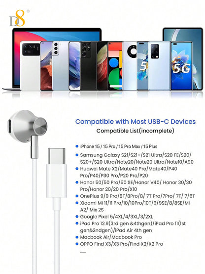 D8 1pc Type C Headphones In Ear Earphones Earbuds With Mic And Volume Control, Compatible With IPhone16 / IPhone16 Pro / IPhone 16 Pro Max/15 /15Puls/15Pro/15Pro Max/IPad Air 4/5/IPad Pro 12.9/11, IPad Pro /IPad Air/ IPad Mini/ Galaxy S23 S22 S21 Ultra S2