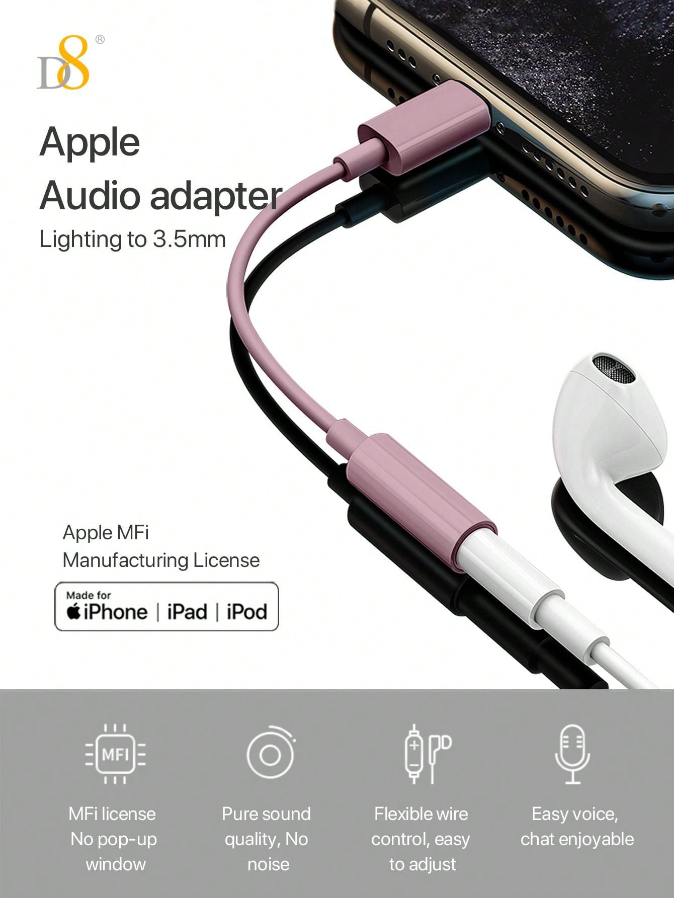 D8  MFI Lightning  To 3.5mm Audio Adapter  Aux Headphone, DAC Stereo Mic HiFi  Earphone Dongle ,Compatible With  IPhone 14 13 12 11 Pro Max/X XS Max XR/8 7 Plus IPad