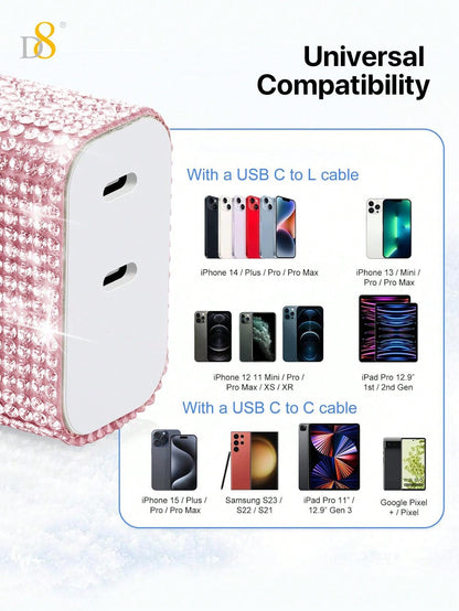 D8 1 Pc Crystal Decoration USB C Wall Charger, 20W  Dual Port PD Fast Charging, USB-C Cord Phone Charger , Compatible With IPhone 15, 15 Plus, 15 Pro, 15 Pro Max, IPad, IPad Pro 12.9 Gen 5/4/3,Galaxy S23 Ultra/S23/S23+/S22/S22 S21 S20 Ultra/S22+/S21+/ Ult