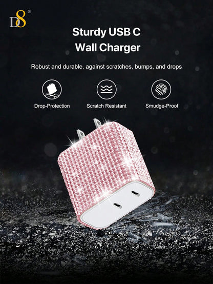 D8 1 Pc Crystal Decoration USB C Wall Charger, 20W  Dual Port PD Fast Charging, USB-C Cord Phone Charger , Compatible With IPhone 15, 15 Plus, 15 Pro, 15 Pro Max, IPad, IPad Pro 12.9 Gen 5/4/3,Galaxy S23 Ultra/S23/S23+/S22/S22 S21 S20 Ultra/S22+/S21+/ Ult