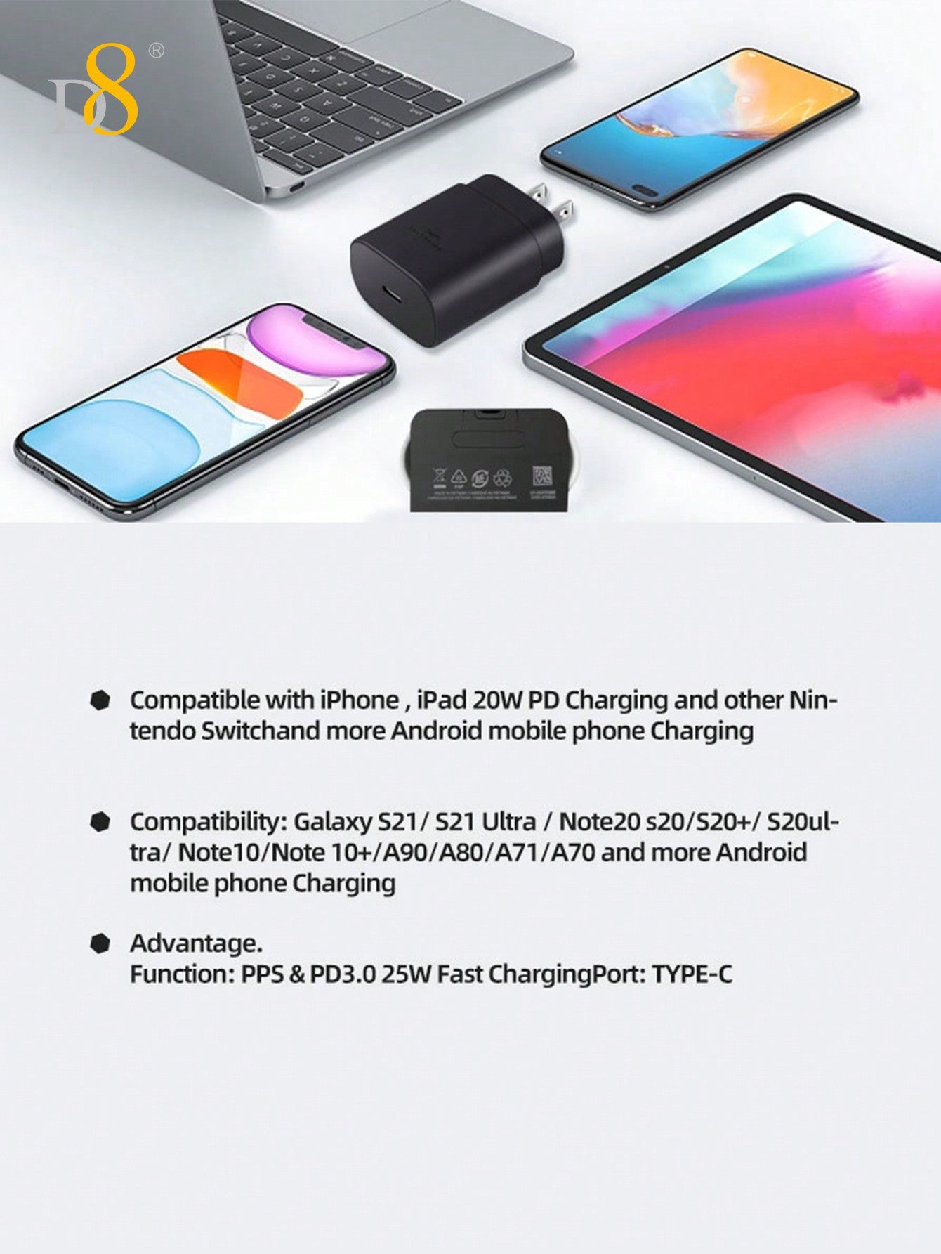 D8 1Pack IPhone 15 Charger Fast Charging 3.3 FT, 25W USB C Wall Charger With 3.3FT Long Type C Charger Fast Charging Cable Compatible With IPhone16/16pro/ 15/15 Pro/15 Pro Max/15 Plus, IPad Pro/Air/Mini, Galaxy S23 Ultra/S23/S23+/S22/S22 Ultra/S22+/S21/S2