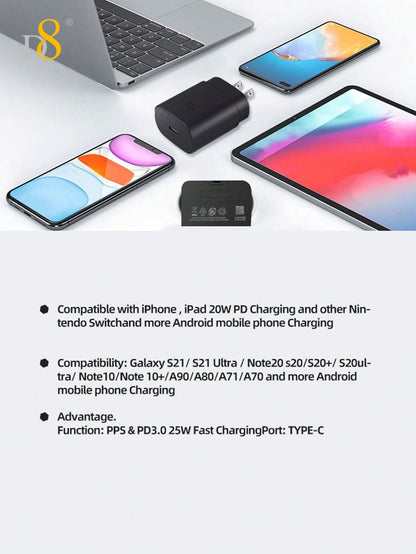 D8 1Pack IPhone 15 Charger Fast Charging 3.3 FT, 25W USB C Wall Charger With 3.3FT Long Type C Charger Fast Charging Cable Compatible With IPhone16/16pro/ 15/15 Pro/15 Pro Max/15 Plus, IPad Pro/Air/Mini, Galaxy S23 Ultra/S23/S23+/S22/S22 Ultra/S22+/S21/S2