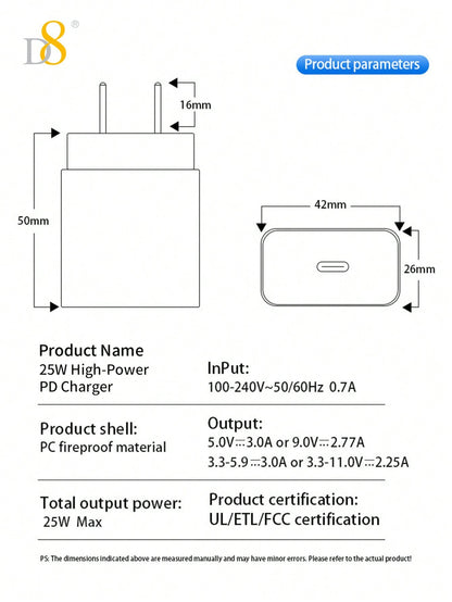 D8 1Pack IPhone 15 Charger Fast Charging 3.3 FT, 25W USB C Wall Charger With 3.3FT Long Type C Charger Fast Charging Cable Compatible With IPhone16/16pro/ 15/15 Pro/15 Pro Max/15 Plus, IPad Pro/Air/Mini, Galaxy S23 Ultra/S23/S23+/S22/S22 Ultra/S22+/S21/S2