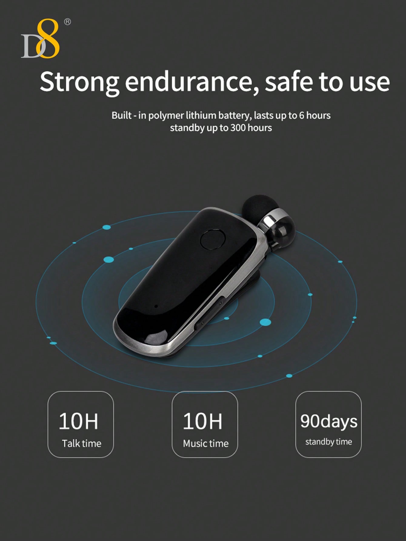 D8 Retractable Wireless Headset Headphone Stereo Earphone V5.0 Noise Cancelling Mic Clip On Earpiece Comfortable HandsFree Headset 10Hrs Talking Time Sports Business Trucker Driver Earbud