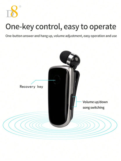 D8 Retractable Wireless Headset Headphone Stereo Earphone V5.0 Noise Cancelling Mic Clip On Earpiece Comfortable HandsFree Headset 10Hrs Talking Time Sports Business Trucker Driver Earbud