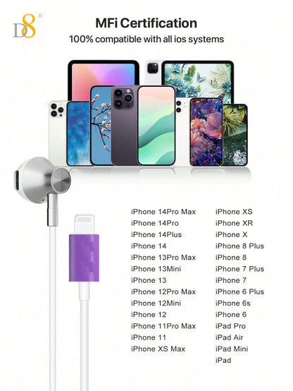 D8 1pc Headphones With Lightning Connector. Microphone With Built-In Remote To Control Music, Phone Calls, And Volume. Wired Earbuds Compatible With Iphone Earbuds Wired Earphones With Microphone,Isolation Noise [Lightning Connector - Apple MFi Certified]