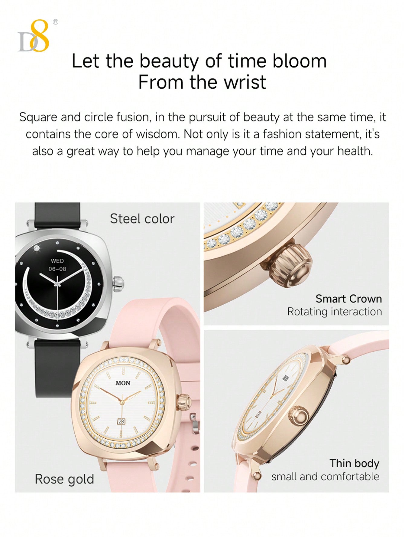 D8 Smartwatch (Answer/Make Call), 1.19" Smartwatch For Women Women IP67 Waterproof,100+ Sport Modes Fitness Activity Tracker,  Pedometer, Smart Watches For Android IOS,Variety Of Occasions To Wear, Leisure, Outdoor, Home, Office Are Applicable.