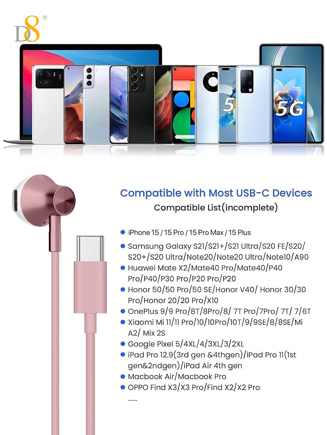 D8 Type C Headphones In Ear Earphones Earbuds With Mic And Volume Control ,Compatible Compatible With Iphone16 Pro / IPhone 16 Pro Max/15 Accessories/15Puls/15Pro/15Pro Max/IPad Air 4/5/IPad Pro 12.9/11,IPad Pro /IPad Air/ IPad Mini/ Galaxy S23 S22 S21 Ul