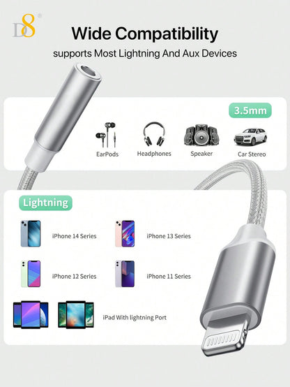 D8 IPhone Headphone Adapter, [Apple MFi Certified] Lightning To 3.5mm Headphone/Earphone Audio Aux Jack Adapter IPhone Aux Adapter Dongle Compatible With IPhone 14 13 12 11 Pro Max Plus Mini XR XS 8 IPad IPod