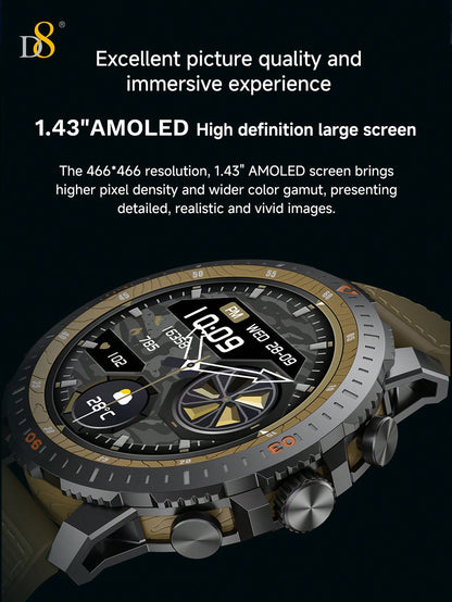 D8 Smart Watches For Men, Rugged  , 25-Day Battery,  Sleep & Health Monitoring, 1.43' AMOLED HD Display, IP67 Waterproof, 100 Sport Modes Fitness Tracker Watch, Sleep Monitor Smart Watch ,Compatible With IPhone And Android Phones