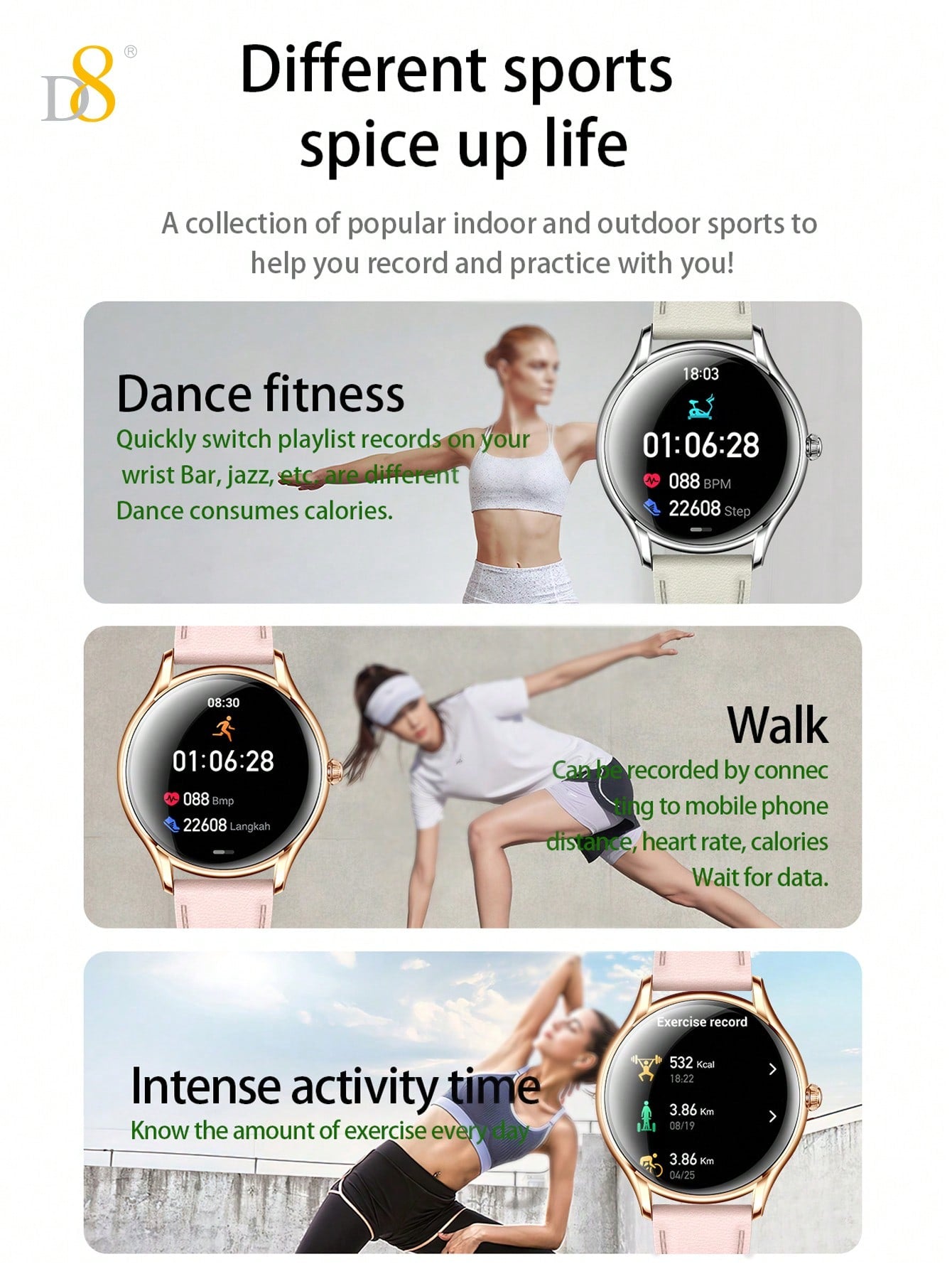 D8 Smart Watches For Women (Answer/Make Calls) Compatible With IPhone/Android Phones, 1.43" AMOLED Screen Fitness Tracker Rate Monitor 100+ Sports Tracker Watch Waterproof,Of Your Status In The  APP ,Android And IOS Phones,Long Battery & Waterproof